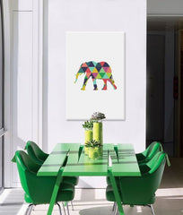 Pop art vászonkép motívummal: Meditative Dimension, elefánt, gyermek motívum, természet fehér-kék árnyalatokban felakasztva az enteriőrben gyerekszoba számára – enteriőr