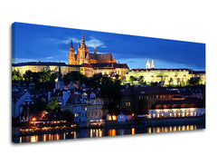 Klasszikus vászonkép motívummal: PANORÁMA PRAHA, éjszakai égbolt, táj, természet fehér-kék árnyalatokban, fenséges hangulat, alkalmas a dolgozószoba számára – fő