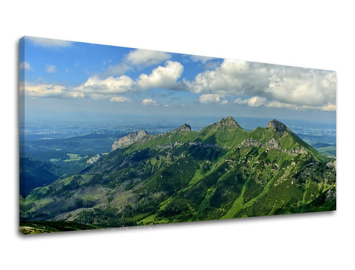 Klasszikus vászonkép motívummal: PANORÁMA SZLOVÁKIA, hegyek, égbolt, felhők, táj fehér-kék árnyalatokban, nyugodt hangulat, alkalmas a nappali számára – fő
