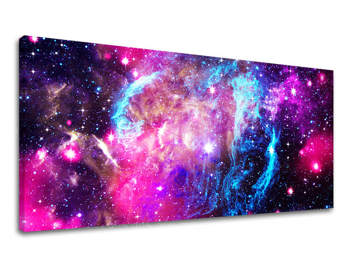 Boho stílusú vászonkép motívummal: PANORÁMA VILÁGŰR, csillagok, galaxis, gyermek motívum, térkép lila-kék árnyalatokban, éteri hangulat – fő