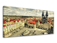 Klasszikus vászonkép motívummal: Panoráma VÁROS PRAHA, építészet, városi motívum, vallási motívum bézs-piros árnyalatokban, alkalmas a dolgozószoba számára – fő
