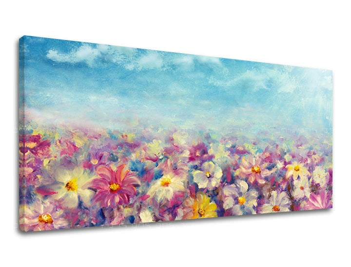 Boho stílusú vászonkép motívummal: PANORÁMA VIRÁGOK, felhők, virágok, természet fehér-lila árnyalatokban, vidám hangulat, tavaszi hangulat és természet – fő