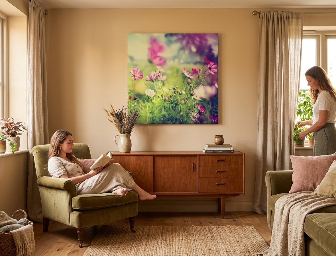 Pop art vászonkép motívummal: RÓZSASZÍN VIRÁGOK, rét, virágok, térkép, természet fehér-rózsaszín árnyalatokban felakasztva az enteriőrben nappali számára, tavaszi hangulat és természet – enteriőr