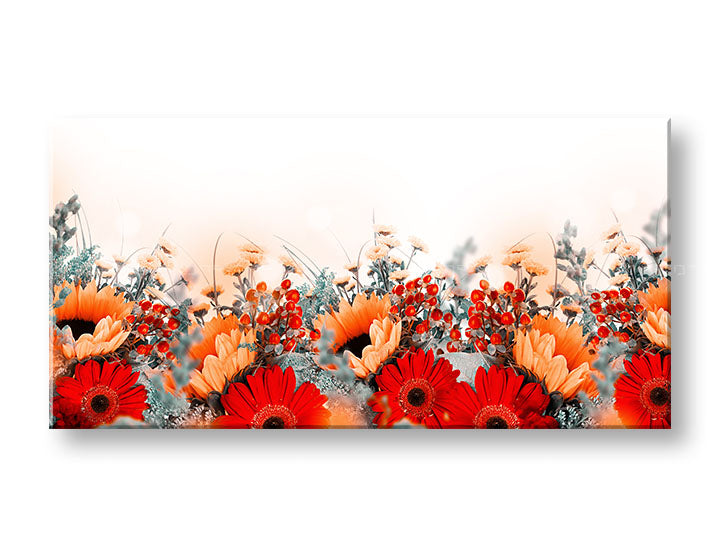 Boho stílusú vászonkép motívummal: PIROS VIRÁGOK, építészet, gyermek motívum, virágok, természet narancs-zöld árnyalatokban, alkalmas a előszoba számára – fő