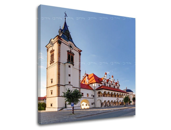 Pop art vászonkép motívummal: SZLOVÁKIA, építészet, vallási motívum, szlovák motívum fehér-kék árnyalatokban, nyugodt hangulat, alkalmas a előszoba számára – fő