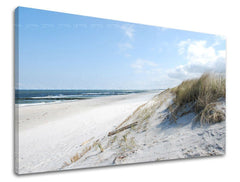 Boho stílusú vászonkép motívummal: STRAND, óceán, égbolt, táj, tenger és tengerpart fehér-kék árnyalatokban, nyugodt hangulat, alkalmas a hálószoba számára – fő