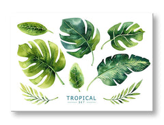 Modern vászonkép motívummal: természet fehér-zöld árnyalatokban, friss hangulat, természet és trópusi paradicsom, alkalmas a iroda számára | Fali kép s textom Tropical set – fő
