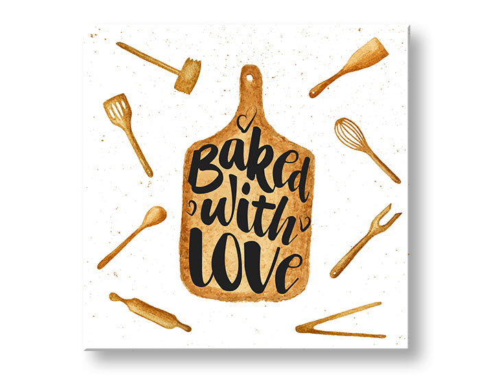 Rusztikus vászonkép fehér-barna árnyalatokban, otthonos hangulat, szerelem, alkalmas a konyha számára | Fali kép s textom Baked with love – fő