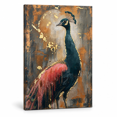 Profilból ábrázolt fenséges páva vászonkép, 3D vizualizáció látható fa vakrámával, Papilora Premium Art.