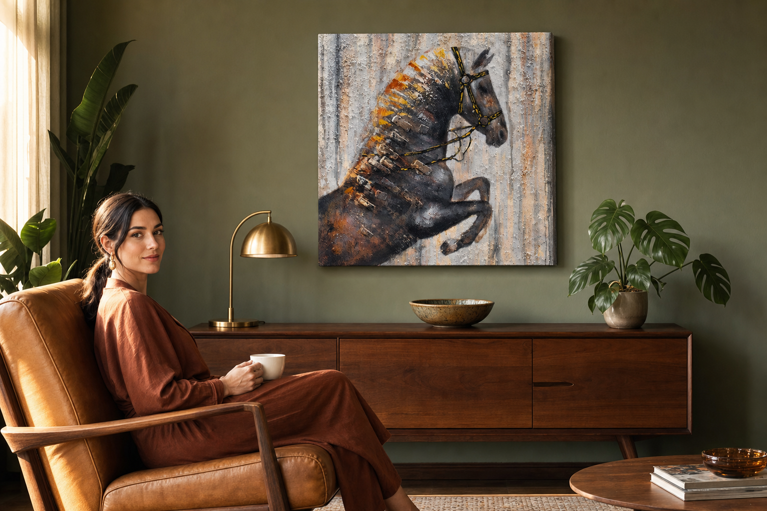 Festett falikép LÓ 80x80 cm – kézzel festett kép elegáns enteriőrben (Mid-century warm) | fal makett | prémium vászon | Papilora.sk