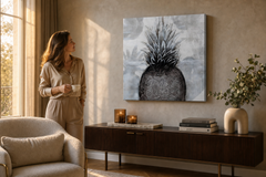Festett falikép ANANÁSZ 60x60 cm – kézzel festett kép elegáns enteriőrben (Golden hour luxe) | wall mockup | prémium vászon | Papilora.sk