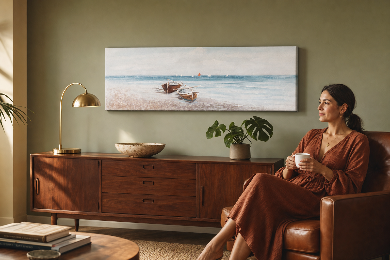 Festett kép falra STRAND 120x40 cm – kézzel festett kép elegáns enteriőrben (Mid-century warm) | fal makett | prémium vászon | Papilora.sk