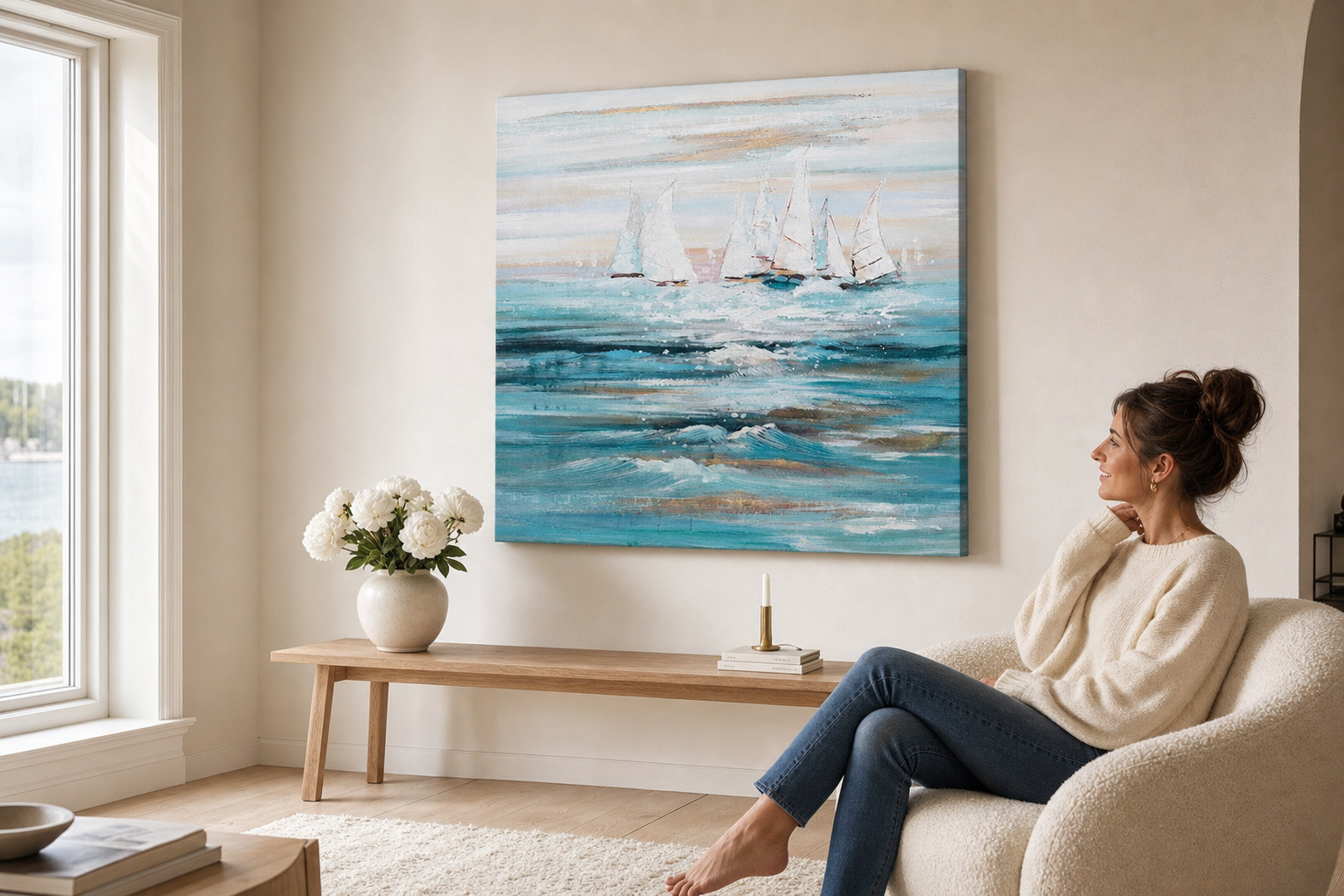 Festett falikép HAJÓK 90x60 cm – kézzel festett kép elegáns enteriőrben (Scandi cream) | wall mockup | prémium vászon | Papilora.sk