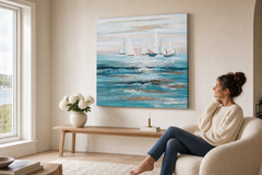 Festett falikép HAJÓK 90x60 cm – kézzel festett kép elegáns enteriőrben (Scandi cream) | wall mockup | prémium vászon | Papilora.sk