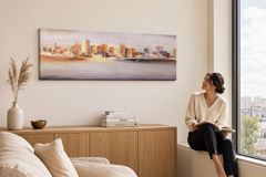 Festett falikép VÁROS 120x40 cm – kézzel festett kép elegáns enteriőrben (Window reading) | wall mockup | prémium vászon | Papilora.sk