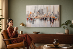 Festett falikép VÁROS 120x80 cm – kézzel festett kép elegáns enteriőrben (Mid-century warm) | fal makett | prémium vászon | Papilora.sk