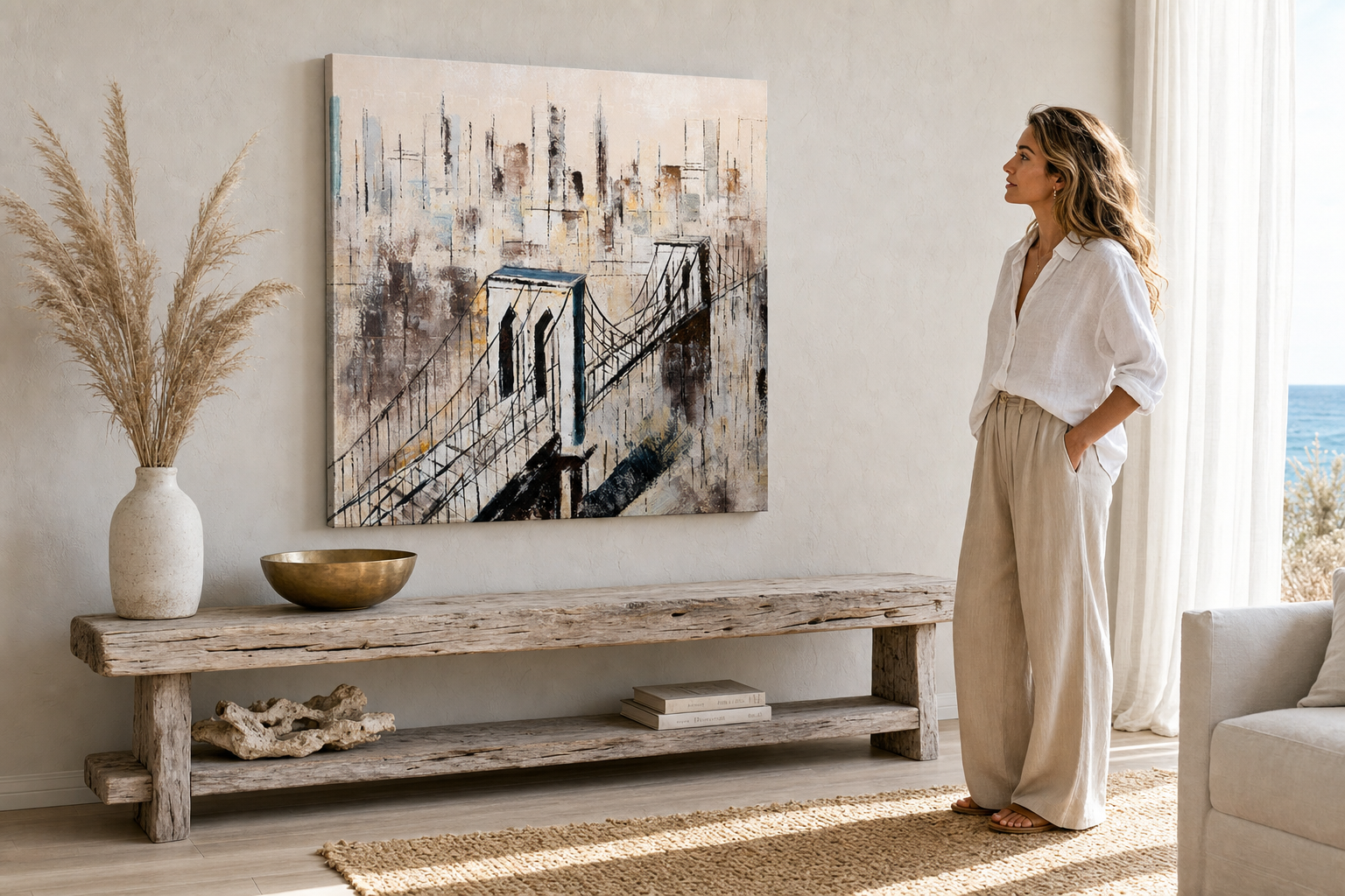Festett kép falra VÁROS 80x80 cm – kézzel festett kép elegáns enteriőrben (Modern coastal) | wall mockup | prémium vászon | Papilora.sk