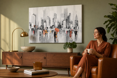 Festett falikép EMBEREK 120x80 cm – kézzel festett kép elegáns enteriőrben (Mid-century warm) | wall mockup | prémium vászon | Papilora.sk