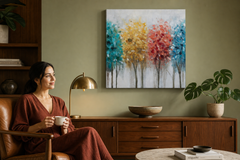 Festett falikép FÁK 60x60 cm – kézzel festett kép elegáns enteriőrben (Mid-century warm) | fal makett | prémium vászon | Papilora.sk