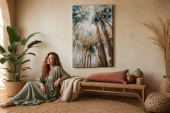 Festett falikép FÁK 60x90 cm – kézzel festett kép elegáns enteriőrben (Bohemian warm) | wall mockup | prémium vászon | Papilora.sk