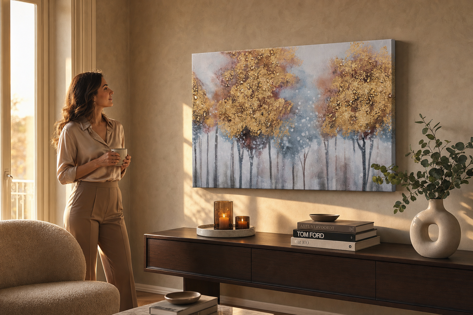 Festett kép falra FÁK 90x60 cm – kézzel festett kép elegáns enteriőrben (Golden hour luxe) | wall mockup | prémium vászon | Papilora.sk