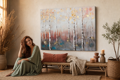 Festett fali kép FÁK 100x80 cm – kézzel festett kép elegáns enteriőrben (Bohemian warm) | wall mockup | prémium vászon | Papilora.sk