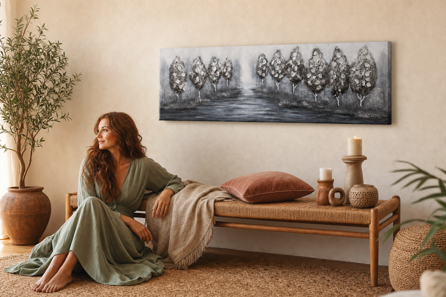 Festett falikép FÁK 150x50 cm – kézzel festett kép elegáns enteriőrben (Bohemian warm) | wall mockup | prémium vászon | Papilora.sk