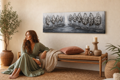 Festett falikép FÁK 150x50 cm – kézzel festett kép elegáns enteriőrben (Bohemian warm) | wall mockup | prémium vászon | Papilora.sk