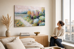 Festett fali kép RÉTEN 90x60 cm – kézzel festett kép elegáns enteriőrben (Ablak melletti olvasás) | fal makett | prémium vászon | Papilora.sk