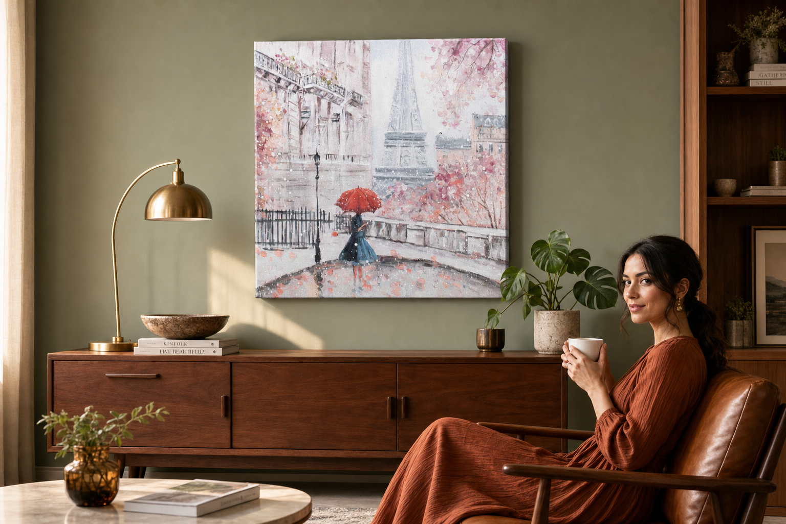 Festett kép falra PÁRIZS 70x70 cm – kézzel festett kép elegáns enteriőrben (Mid-century warm) | wall mockup | prémium vászon | Papilora.sk