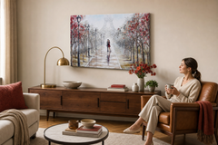 Festett falikép PÁRIZS 90x60 cm – kézzel festett kép elegáns enteriőrben (Mid-century warm) | wall mockup | prémium vászon | Papilora.sk