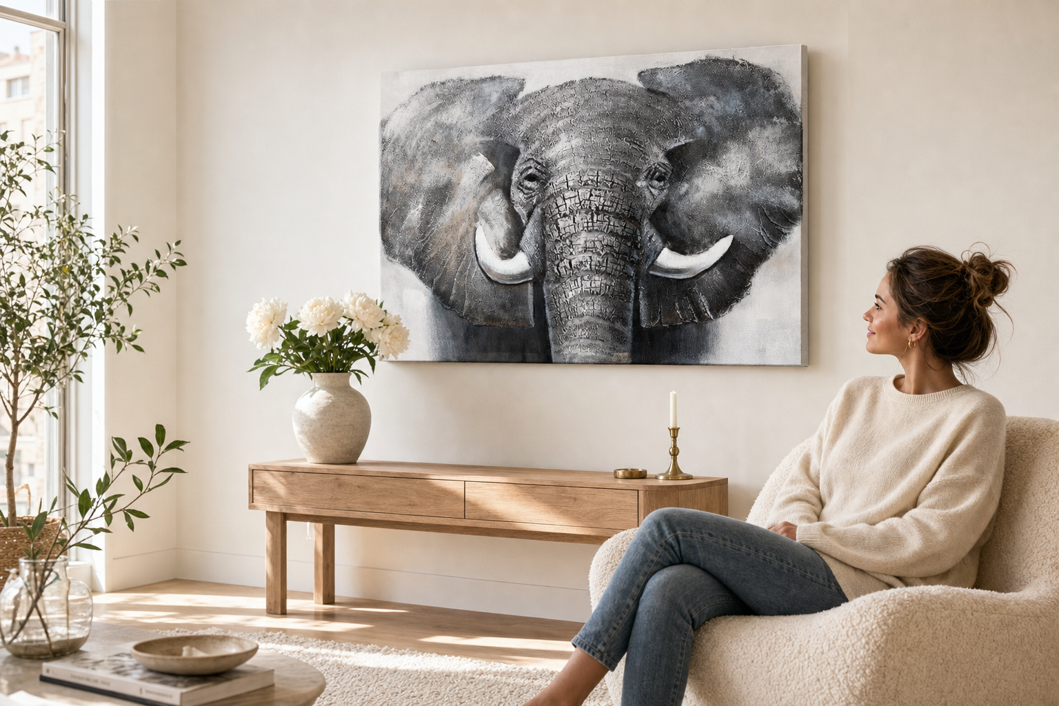 Festett falikép ELEFÁNT 100x70 cm – kézzel festett kép elegáns enteriőrben (Skandináv krém) | wall mockup | prémium vászon | Papilora.sk