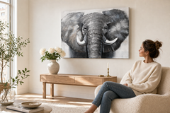 Festett falikép ELEFÁNT 100x70 cm – kézzel festett kép elegáns enteriőrben (Skandináv krém) | wall mockup | prémium vászon | Papilora.sk