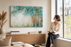 Festett falikép FA 90x60 cm – kézzel festett kép elegáns enteriőrben (Ablak melletti olvasás) | wall mockup | prémium vászon | Papilora.sk