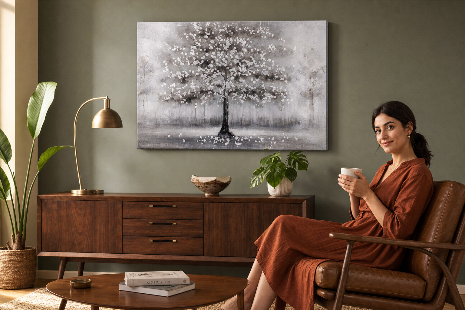 Festett falikép FA 90x60 cm – kézzel festett kép elegáns enteriőrben (Mid-century warm) | wall mockup | prémium vászon | Papilora.sk