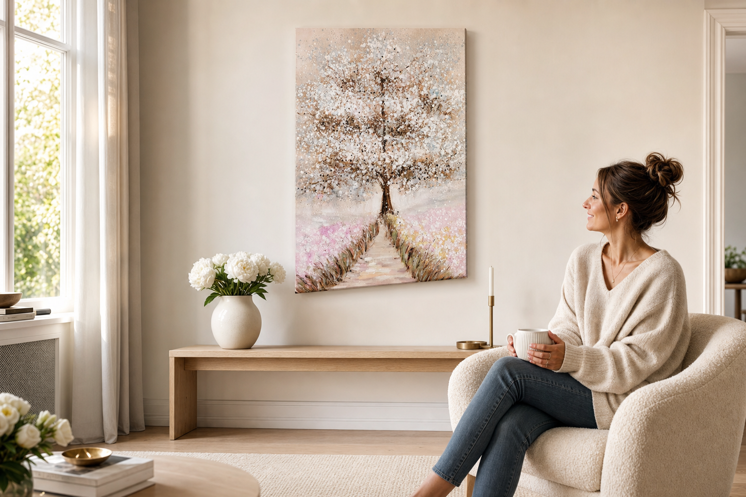 Festett falikép FA 60x90 cm – kézzel festett kép elegáns enteriőrben (Scandi cream) | wall mockup | prémium vászon | Papilora.sk