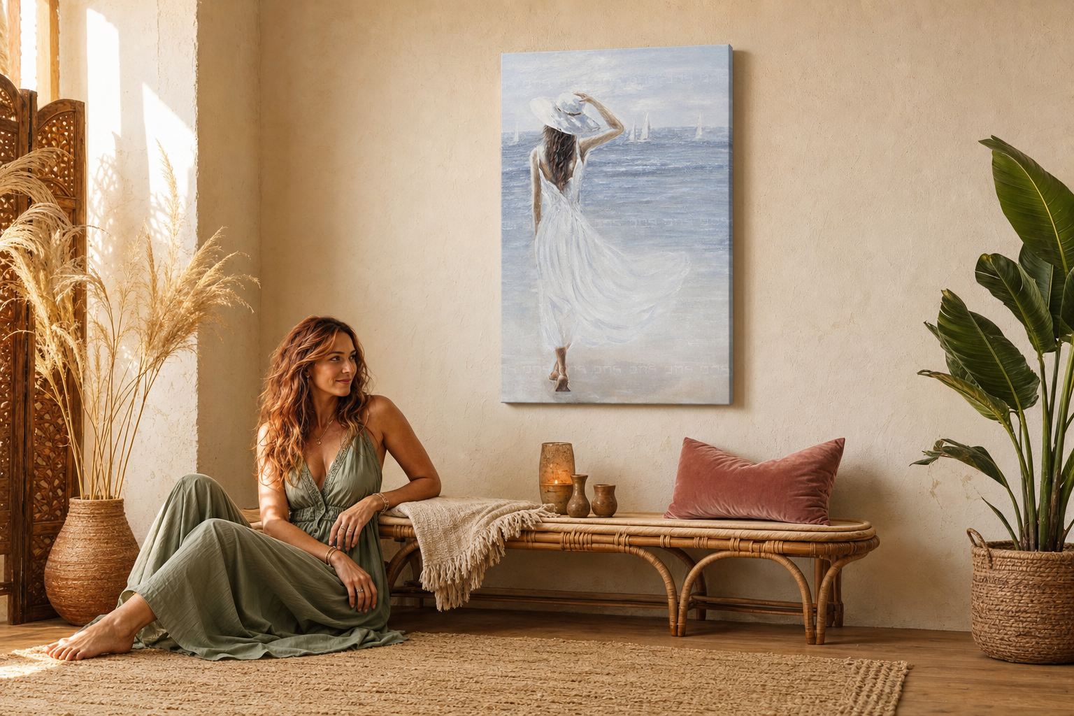 Festett falikép NŐ ÉS TENGER 60x90 cm – kézzel festett kép elegáns enteriőrben (Bohemian warm) | wall mockup | prémium vászon | Papilora.sk
