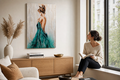 Festett kép falra NŐ 60x90 cm – kézzel festett kép elegáns enteriőrben (Window reading) | fal mockup | prémium vászon | Papilora.sk