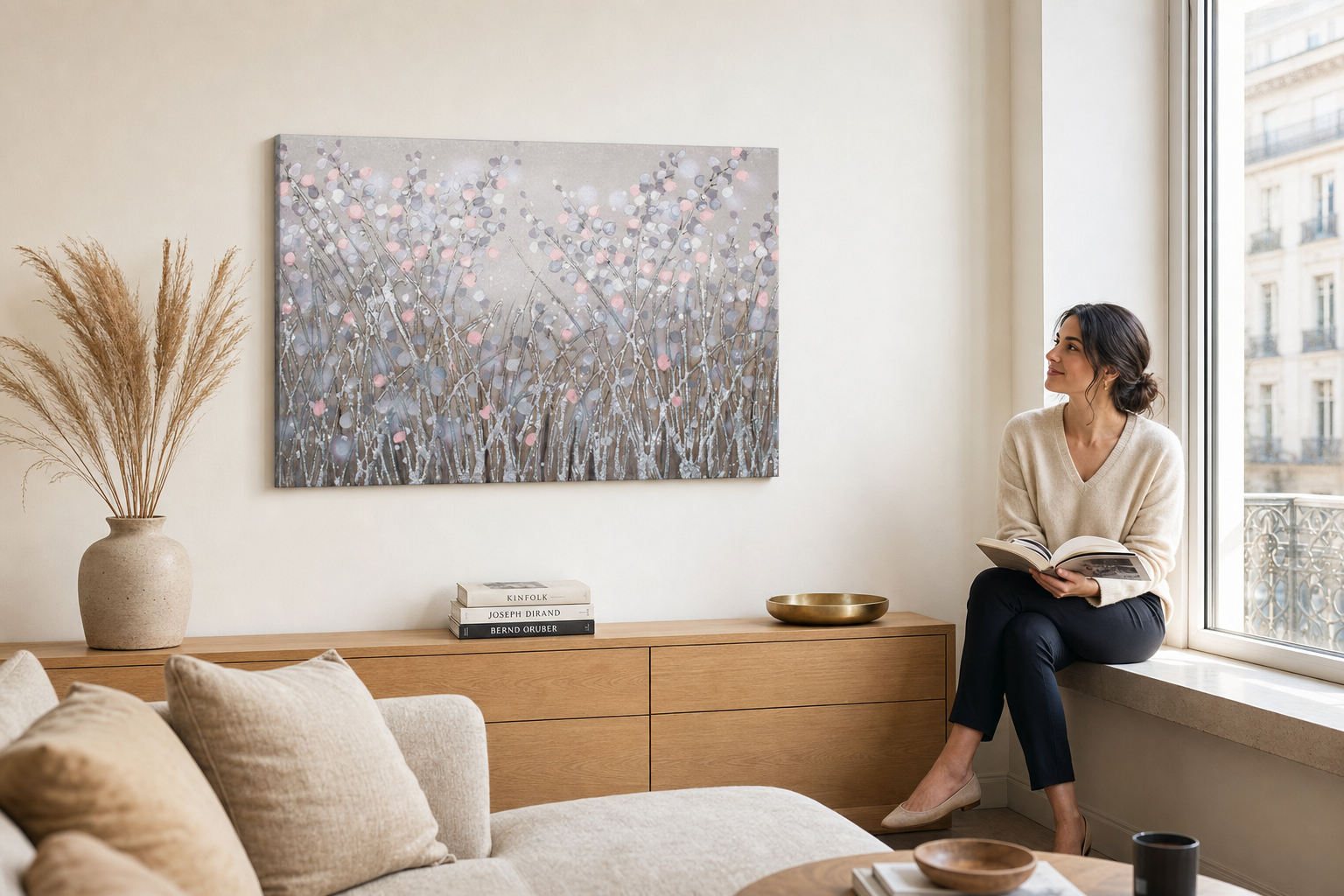 Festett kép falra VIRÁGOK 90x60 cm – kézzel festett kép elegáns enteriőrben (Ablak melletti olvasás) | fal makett | prémium vászon | Papilora.sk
