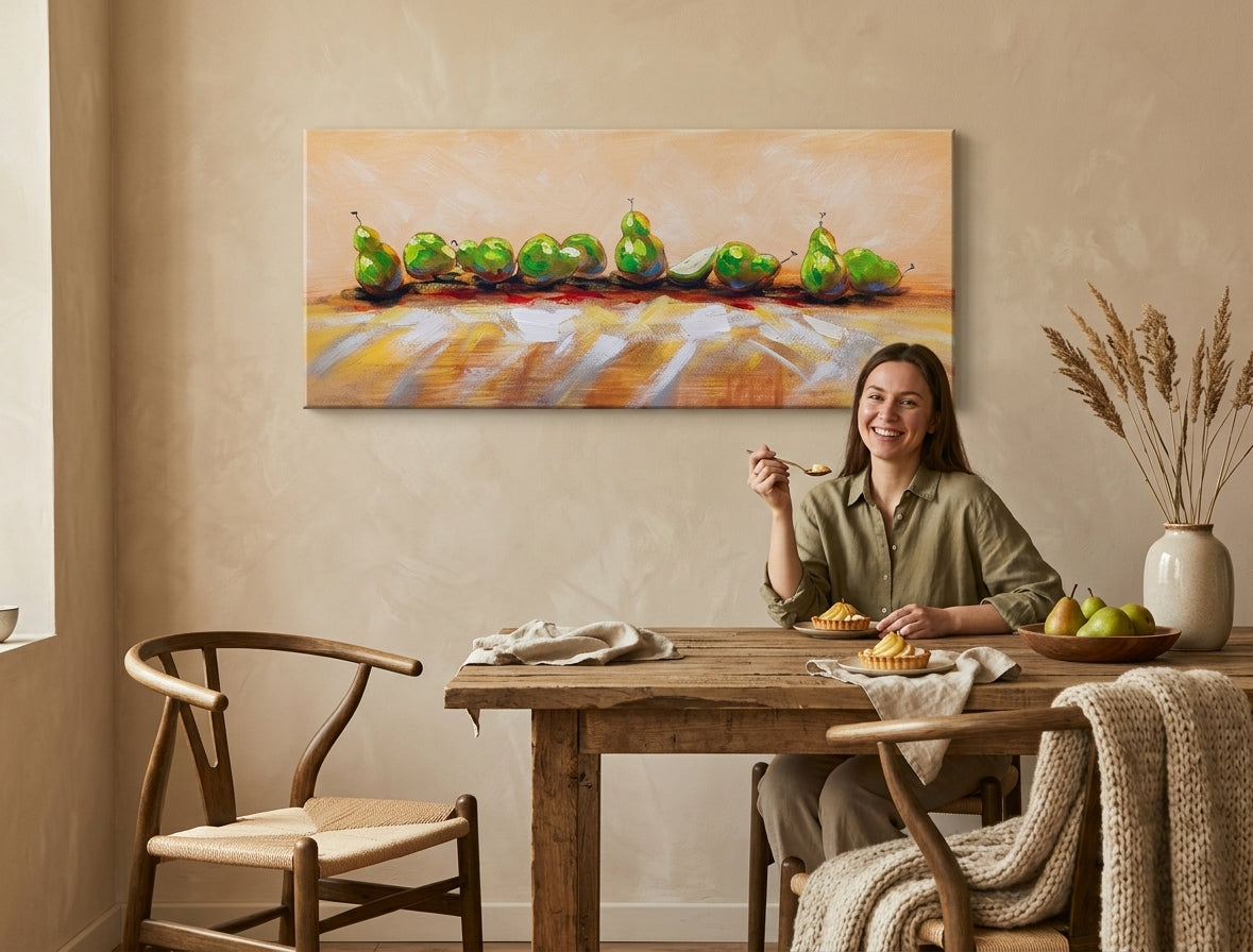 Pop art vászonkép motívummal: HRUŠKY, gyümölcs, táj, természet bézs-barna árnyalatokban felakasztva az enteriőrben konyha számára, nyugodt hangulat – enteriőr