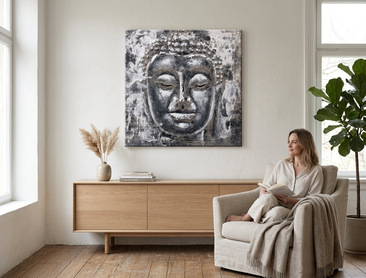 Kézzel festett vászonkép motívummal: BUDHA, Buddha fehér-szürke árnyalatokban felakasztva az enteriőrben nappali számára, nyugodt hangulat, spiritualitás – enteriőr