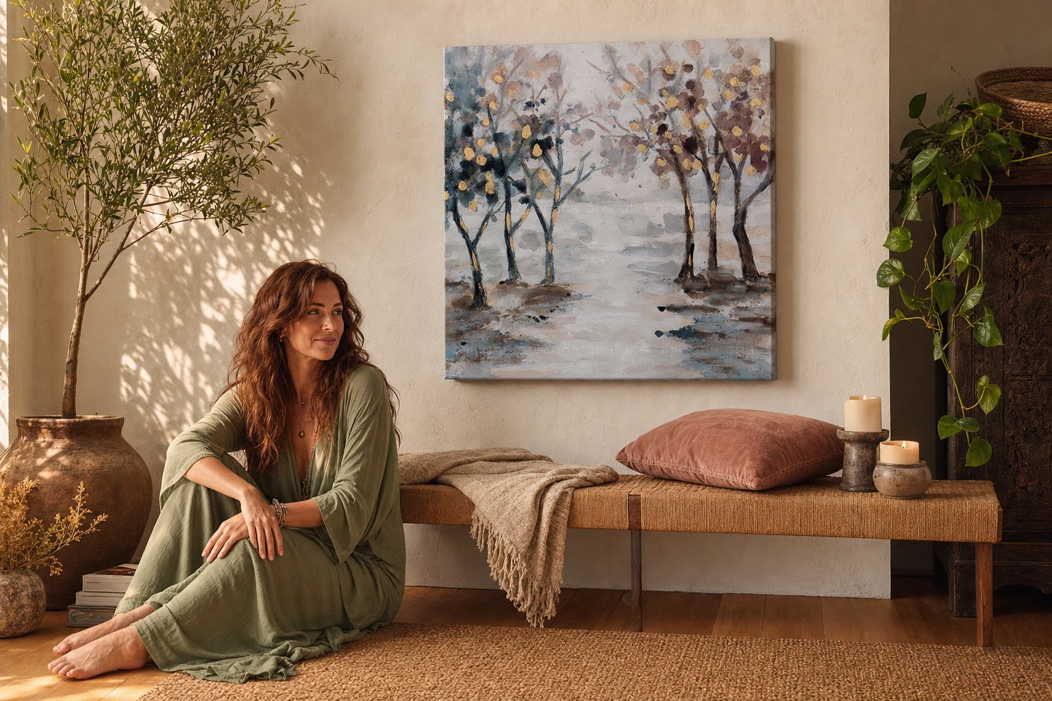 Festett falikép FÁK 60x60 cm – kézzel festett kép elegáns enteriőrben (Bohemian warm) | fal mockup | prémium vászon | Papilora.sk
