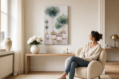 Festett falikép FÁK 60x90 cm – kézzel festett kép elegáns enteriőrben (Scandi cream) | fal mockup | prémium vászon | Papilora.sk