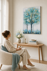 FESTETT FÁK falikép 80x120 cm – kézzel festett kép elegáns enteriőrben (skandináv semleges) | fal makett | prémium vászon | Papilora.sk