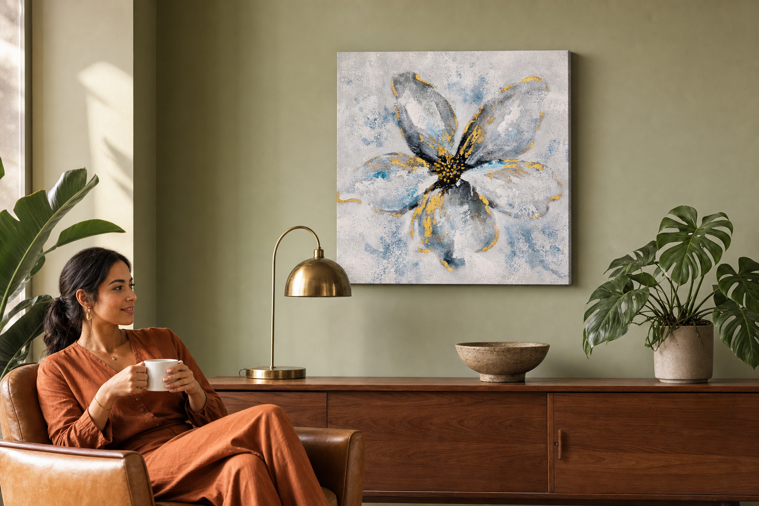 Festett kép falra VIRÁGOK 50x50 cm – kézzel festett kép elegáns enteriőrben (Mid-century warm) | wall mockup | prémium vászon | Papilora.sk