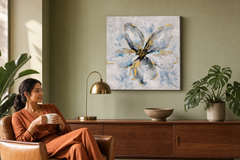 Festett kép falra VIRÁGOK 50x50 cm – kézzel festett kép elegáns enteriőrben (Mid-century warm) | wall mockup | prémium vászon | Papilora.sk