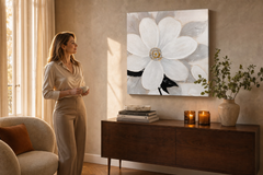 Festett kép falra VIRÁGOK 70x70 cm – kézzel festett kép elegáns enteriőrben (Golden hour luxe) | wall mockup | prémium vászon | Papilora.sk