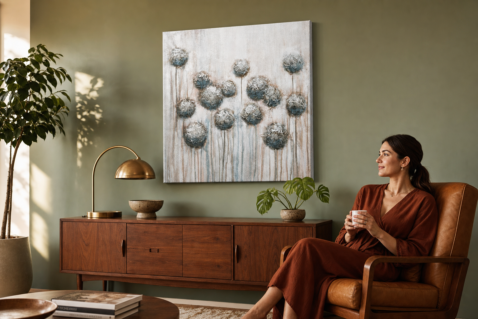 Festett kép falra VIRÁGOK 70x70 cm – kézzel festett kép elegáns enteriőrben (Mid-century warm) | wall mockup | prémium vászon | Papilora.sk