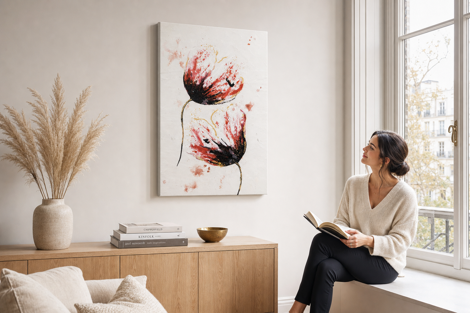 Festett kép falra VIRÁGOK 60x90 cm – kézzel festett kép elegáns enteriőrben (Ablak melletti olvasás) | fali makett | prémium vászon | Papilora.sk