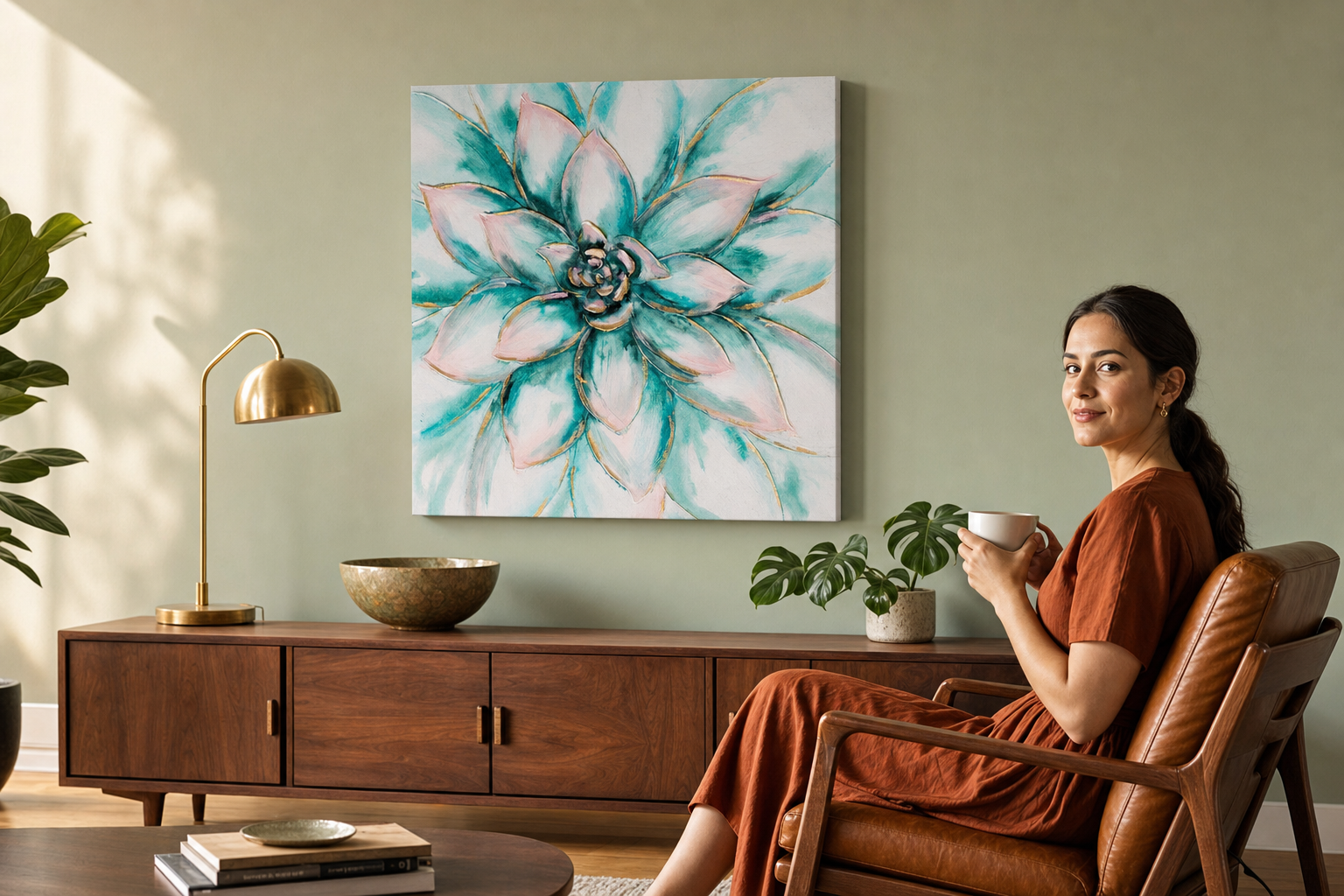 Festett kép falra VIRÁGOK 70x70 cm – kézzel festett kép elegáns enteriőrben (Mid-century warm) | fal makett | prémium vászon | Papilora.sk